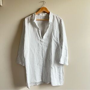 CP Shades Size Medium Wash Striped Linen Split Neck Tunic Top Blouse Blue White